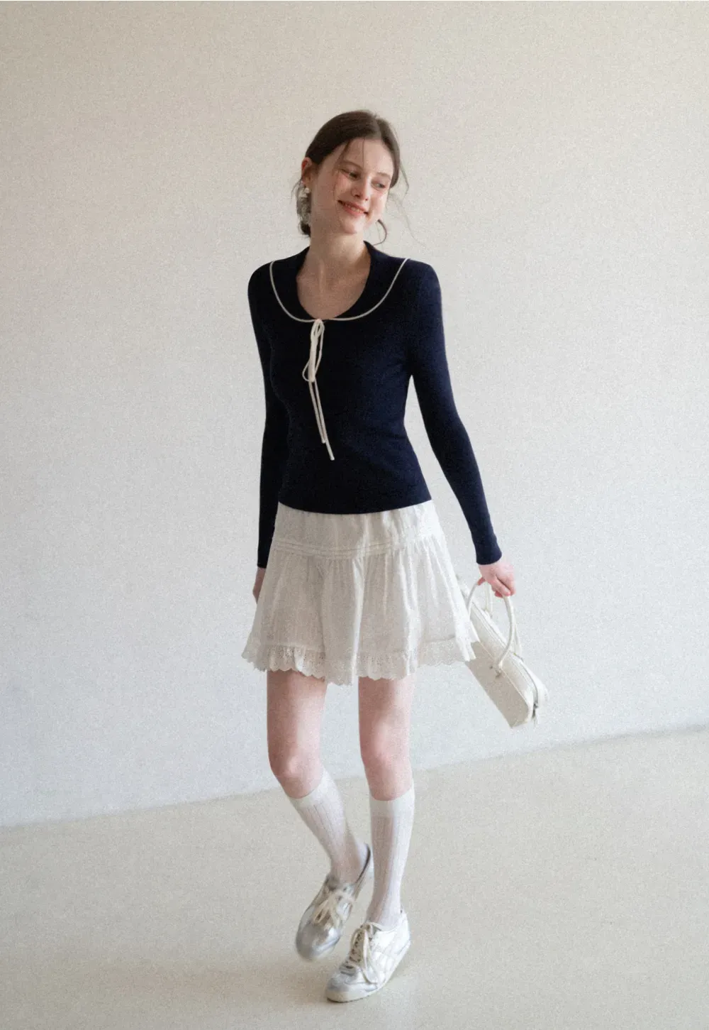 Knit Sweater with Collar and Tie Detail