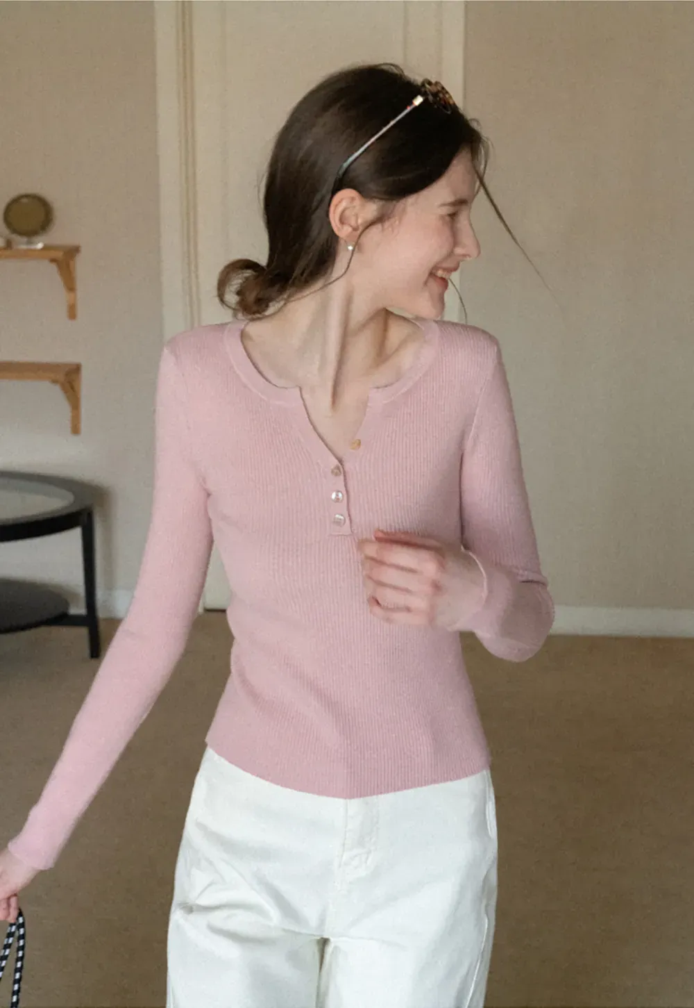 Elegant Henley Knit Top with Button Detail