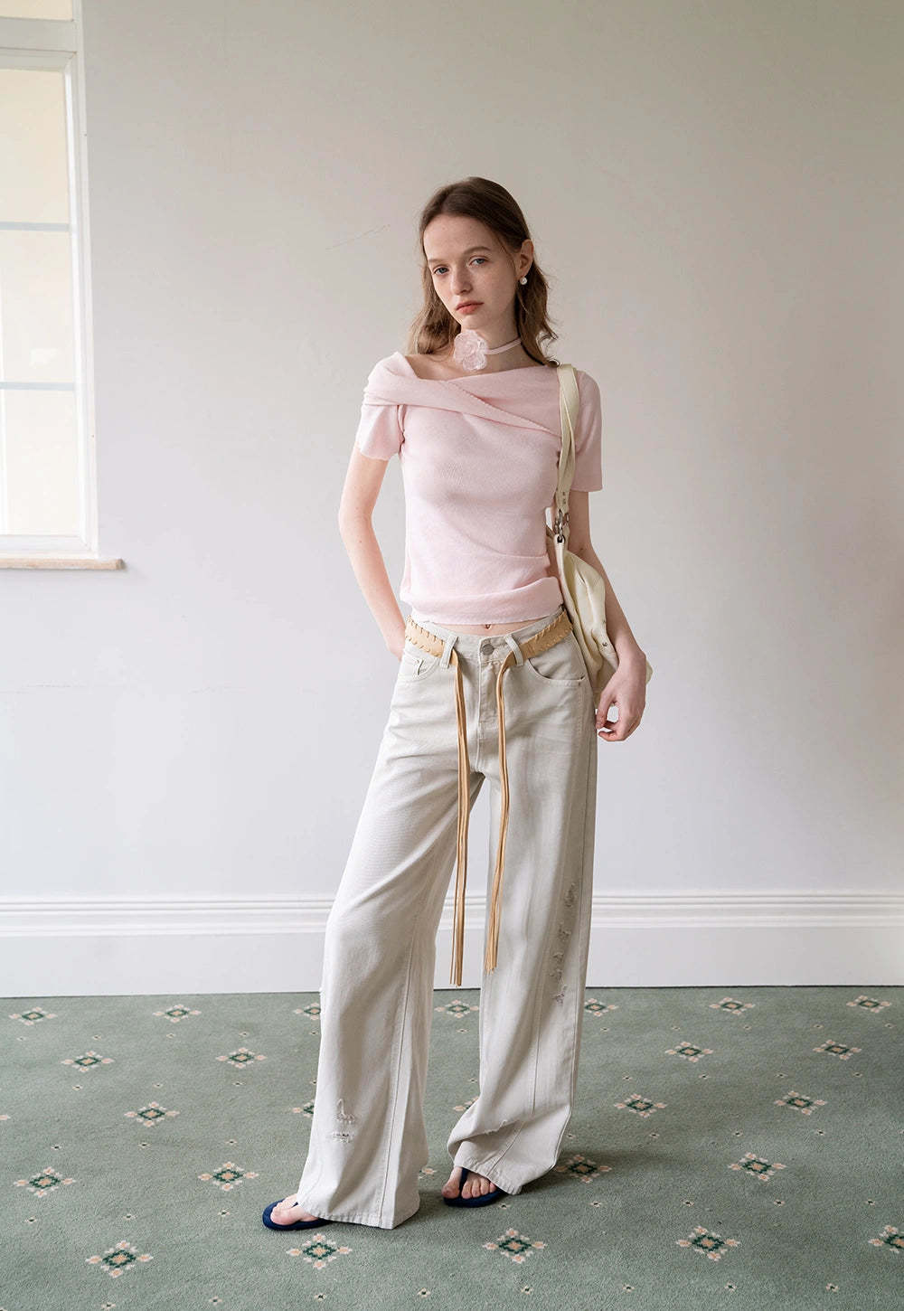 Women's Off-Shoulder Top with Flower Strap