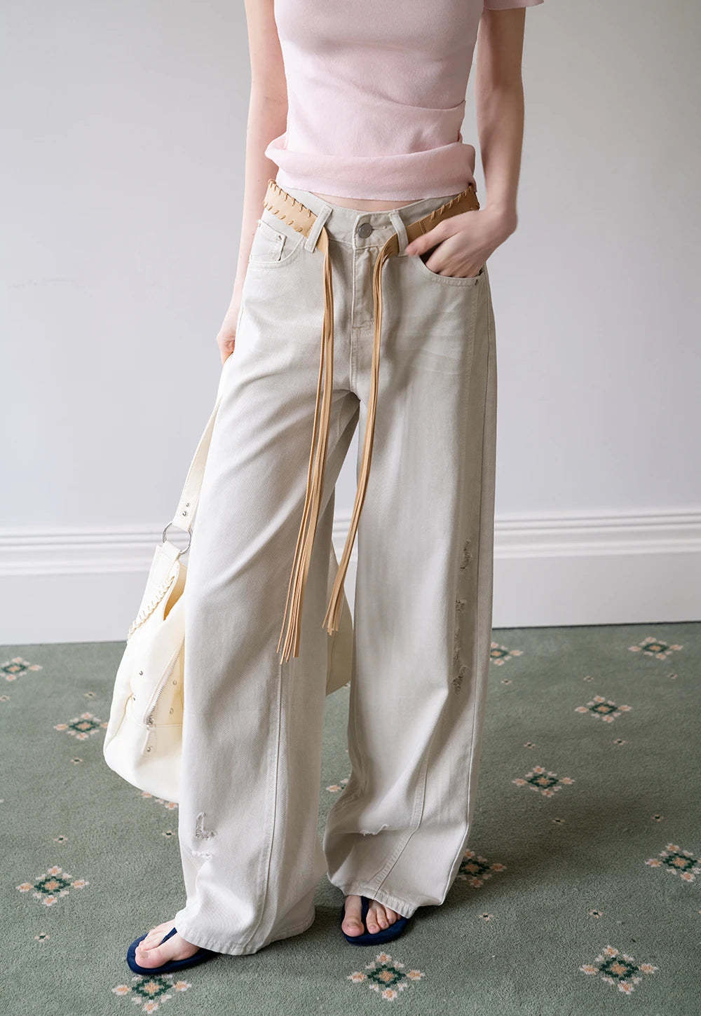Women's Wide Leg Distressed Jeans with Braided Belt