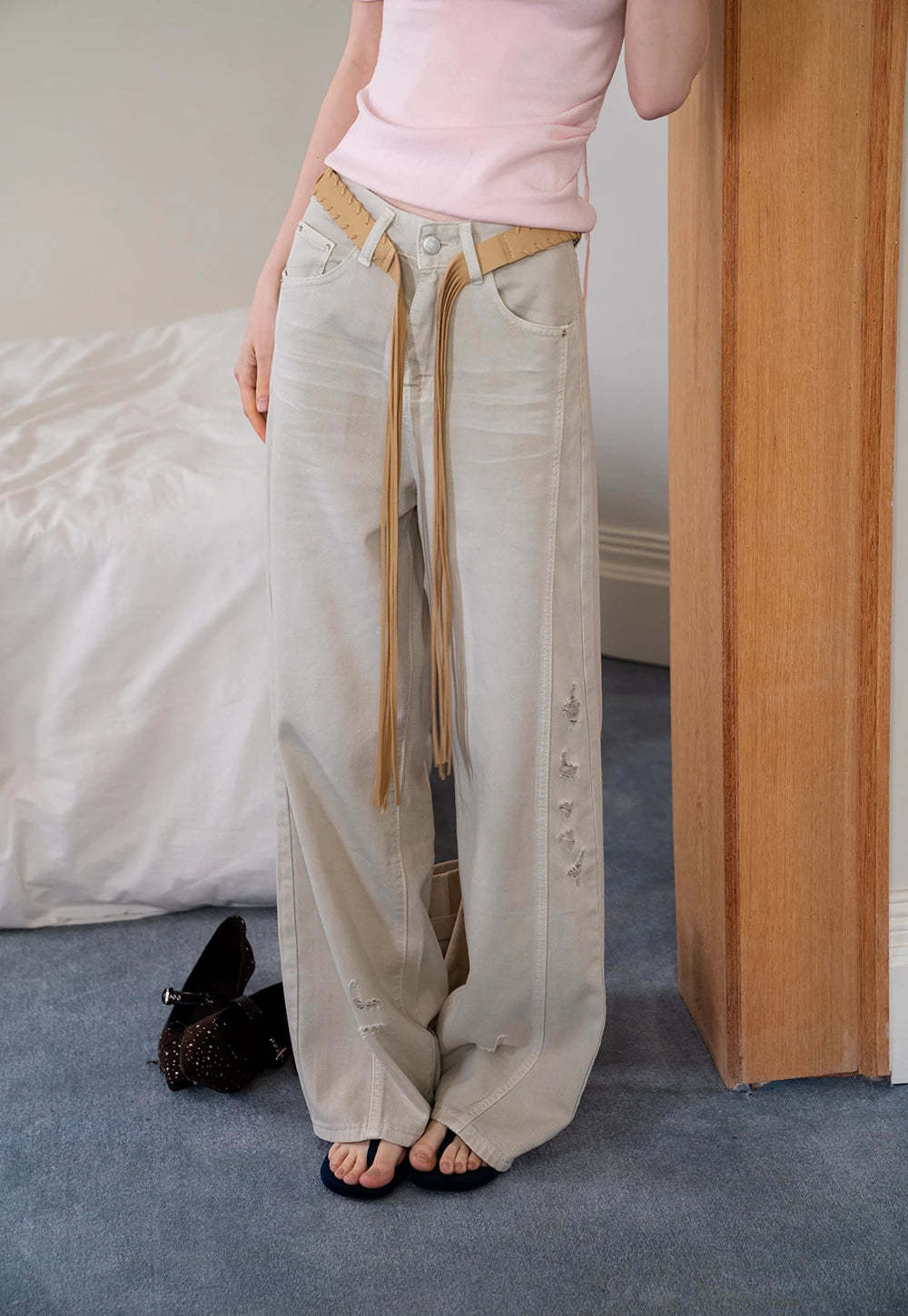 Women's Wide Leg Distressed Jeans with Braided Belt