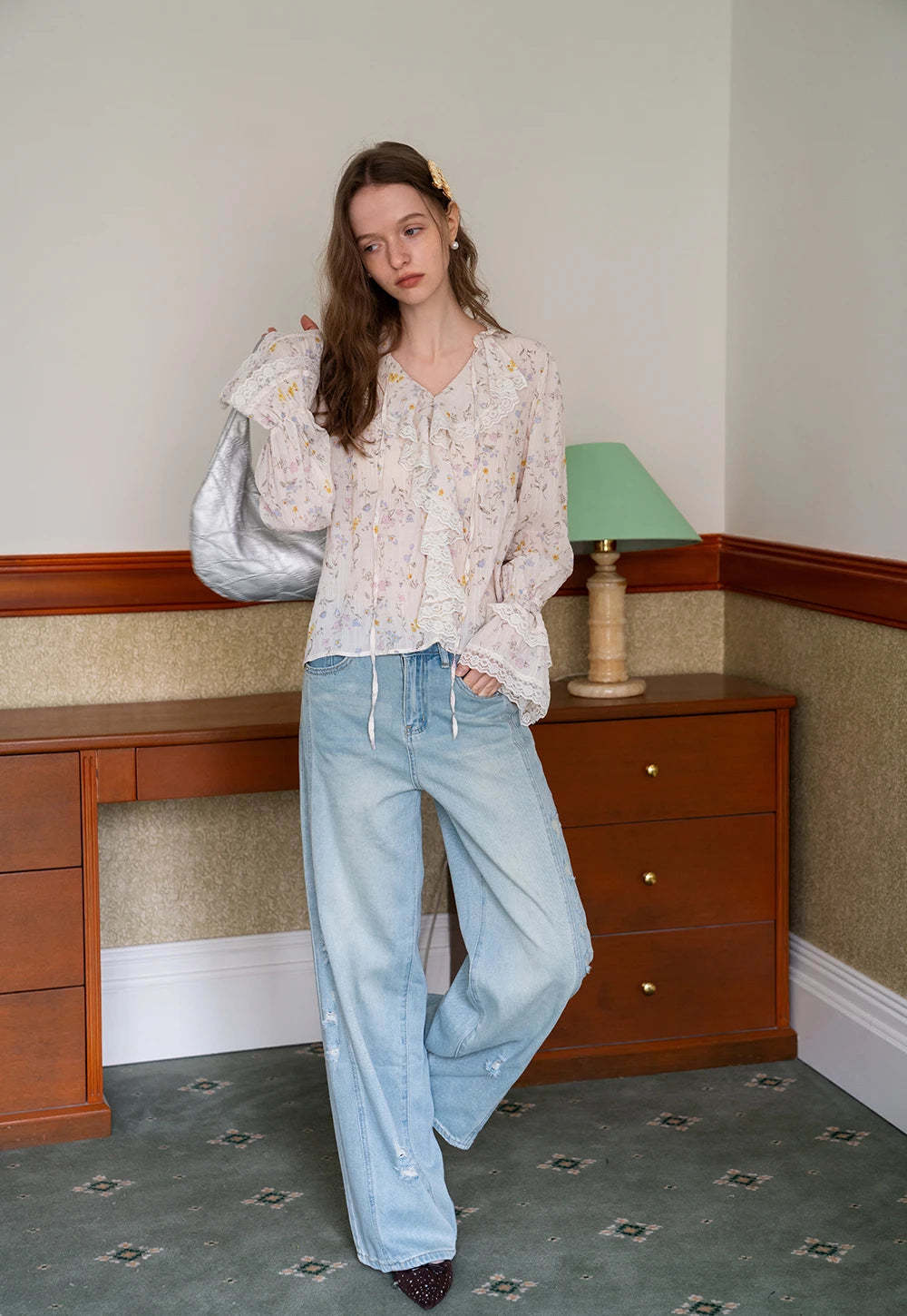 Women's Wide Leg Distressed Jeans with Braided Belt