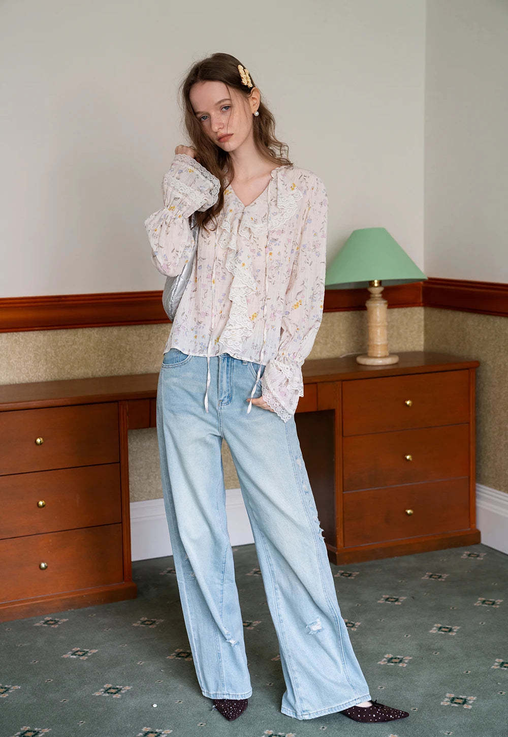 Women's Wide Leg Distressed Jeans with Braided Belt