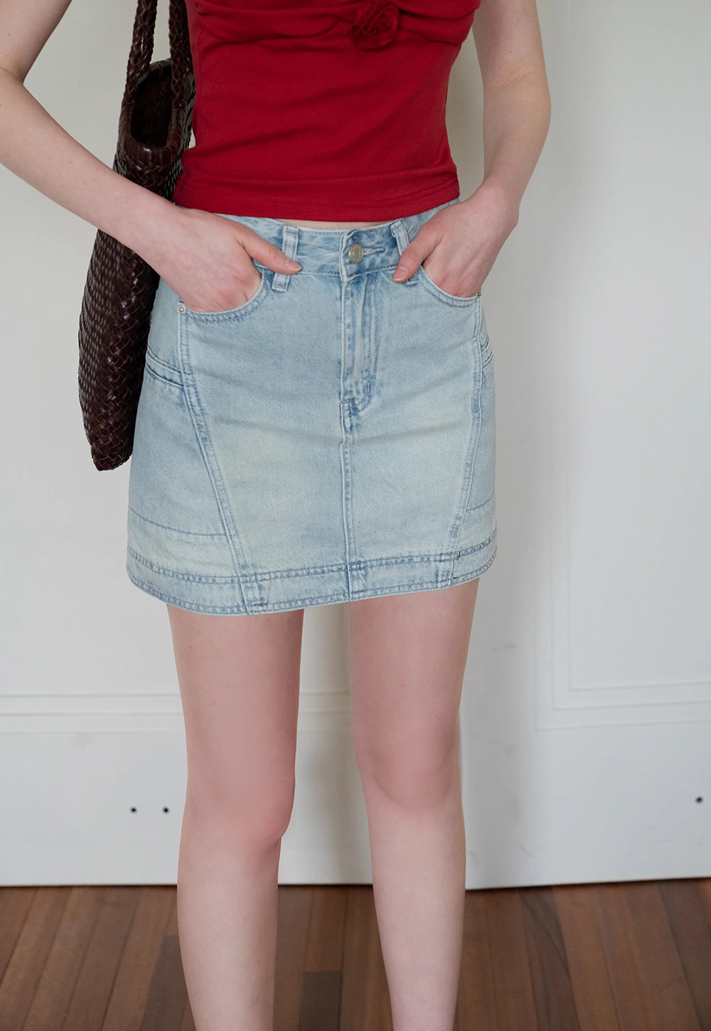 Women's A-Line Denim Mini Skirt with Contrast Belt