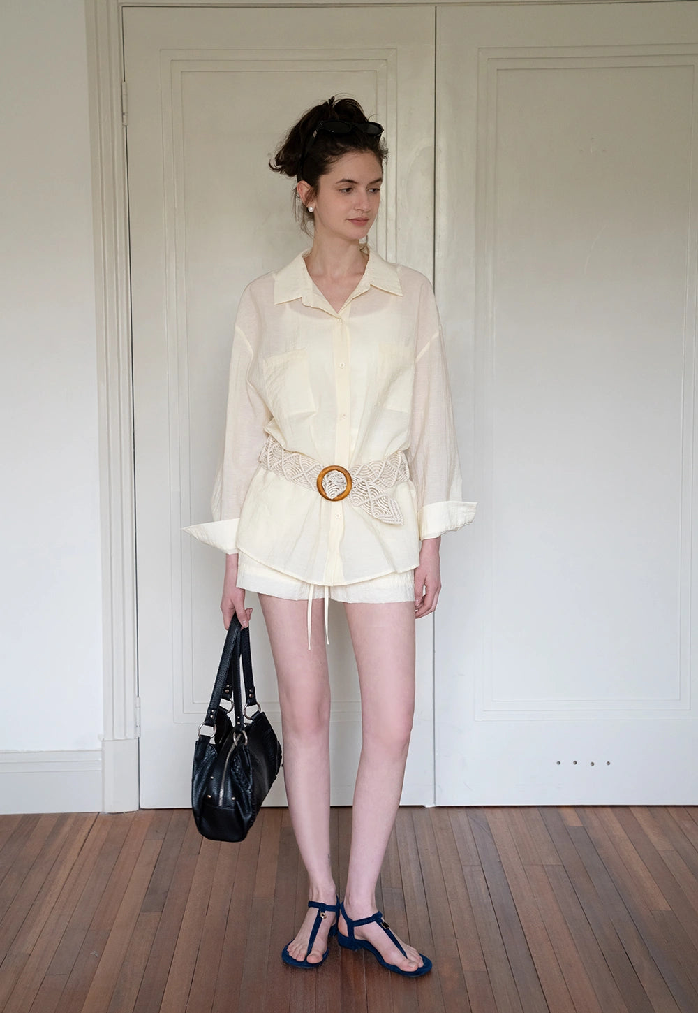 Women's 2 Piece Set – Long Sleeve Button Down Shirt and Drawstring Shorts