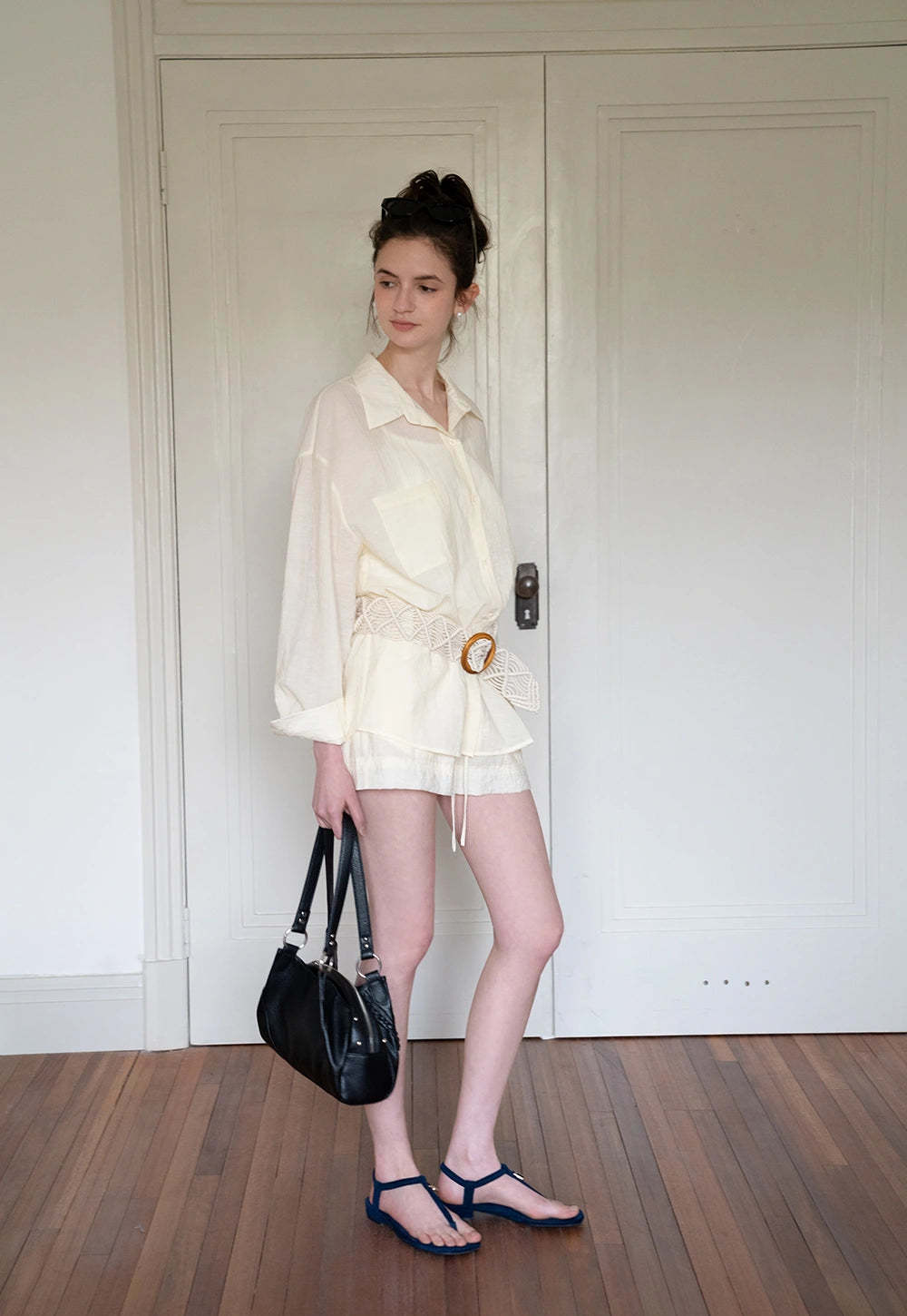 Women's 2 Piece Set – Long Sleeve Button Down Shirt and Drawstring Shorts