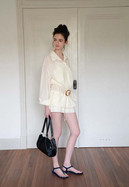 Women's 2 Piece Set – Long Sleeve Button Down Shirt and Drawstring Shorts