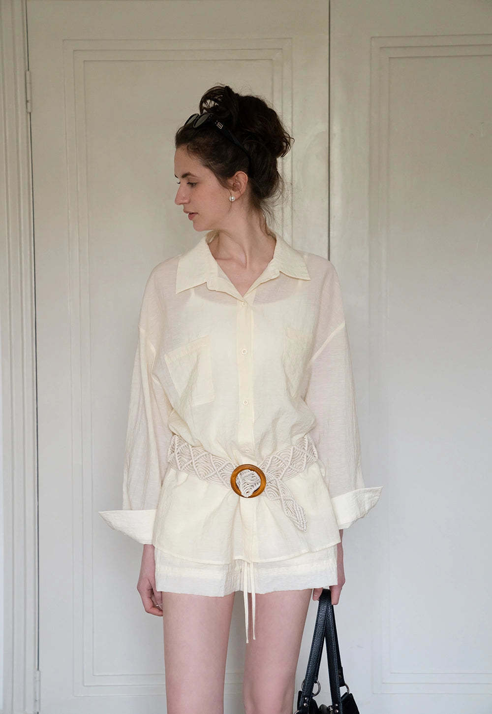 Women's 2 Piece Set – Long Sleeve Button Down Shirt and Drawstring Shorts