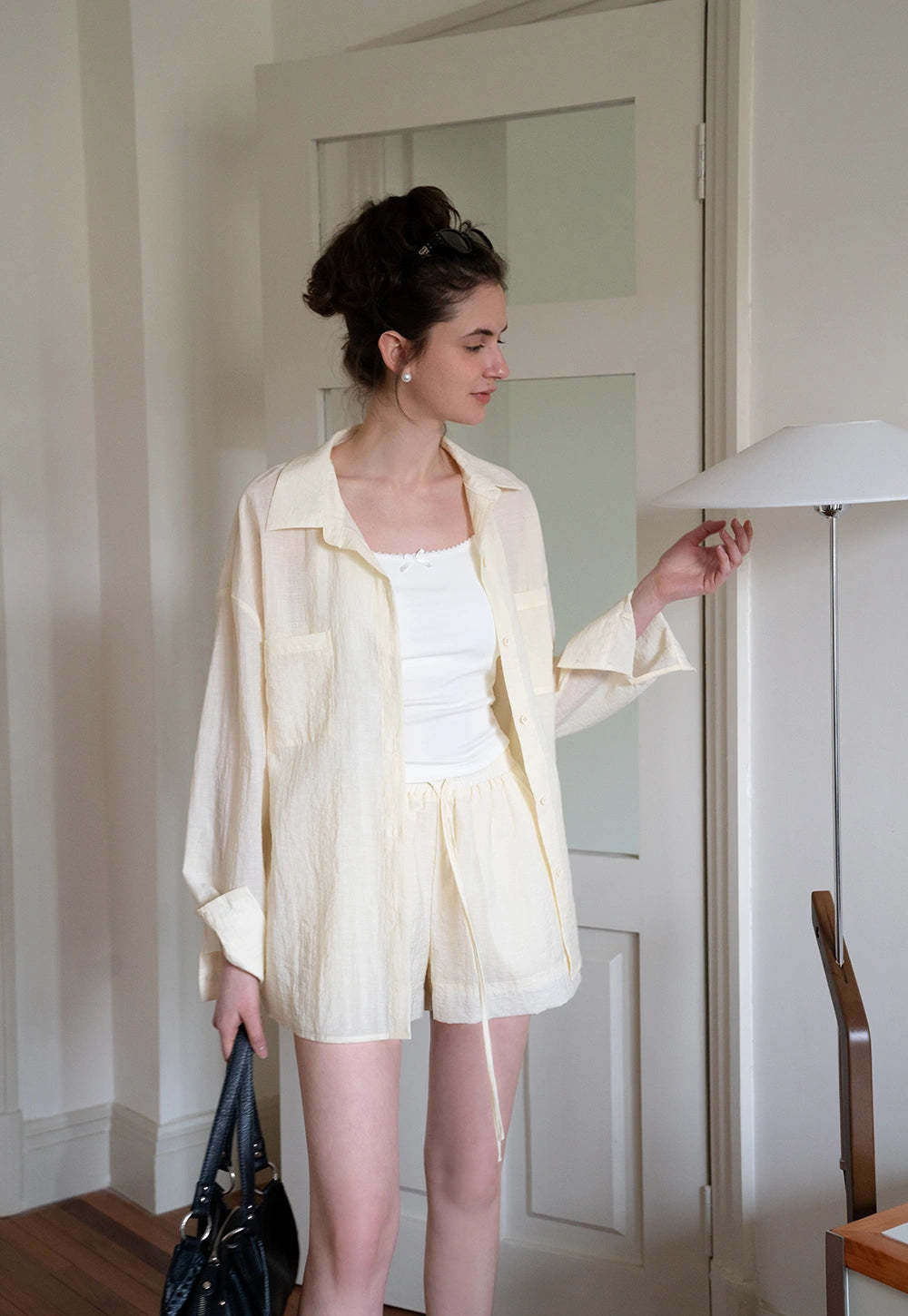 Women's 2 Piece Set – Long Sleeve Button Down Shirt and Drawstring Shorts