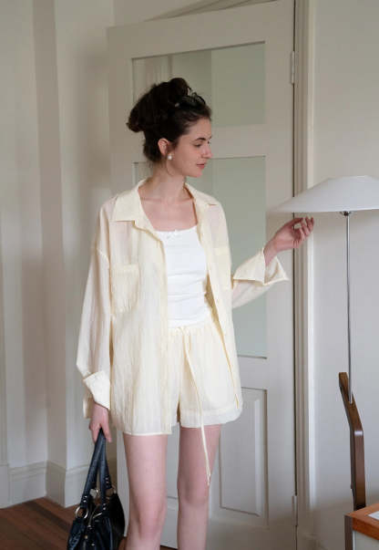 Women's 2 Piece Set – Long Sleeve Button Down Shirt and Drawstring Shorts