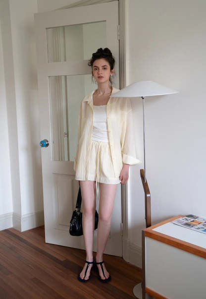 Women's 2 Piece Set – Long Sleeve Button Down Shirt and Drawstring Shorts