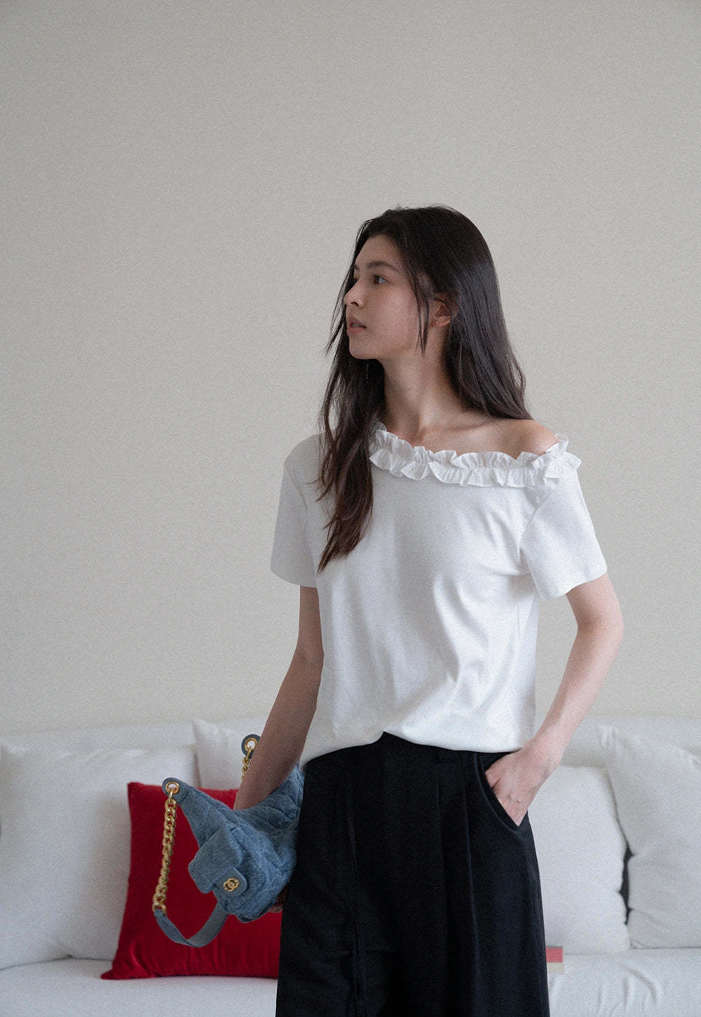 Ruffle Trim Off-Shoulder Tee