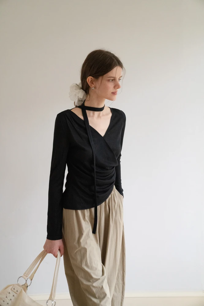 Asymmetrical Rap-Front Draped Knit Top