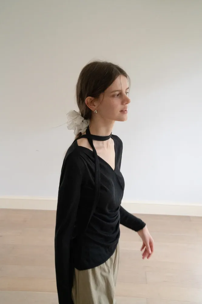 Asymmetrical Rap-Front Draped Knit Top