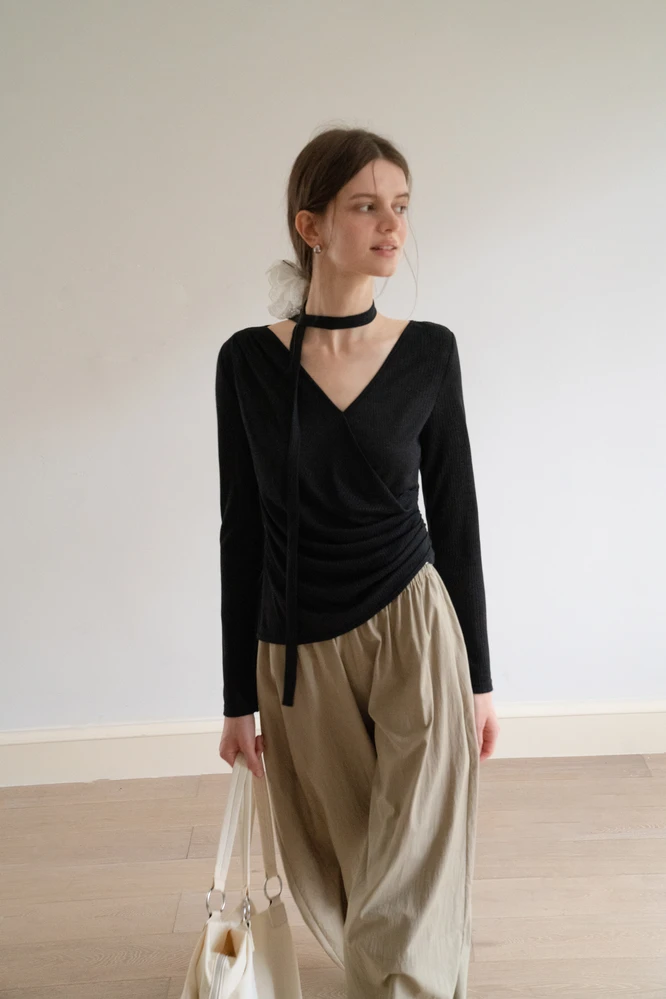 Asymmetrical Rap-Front Draped Knit Top