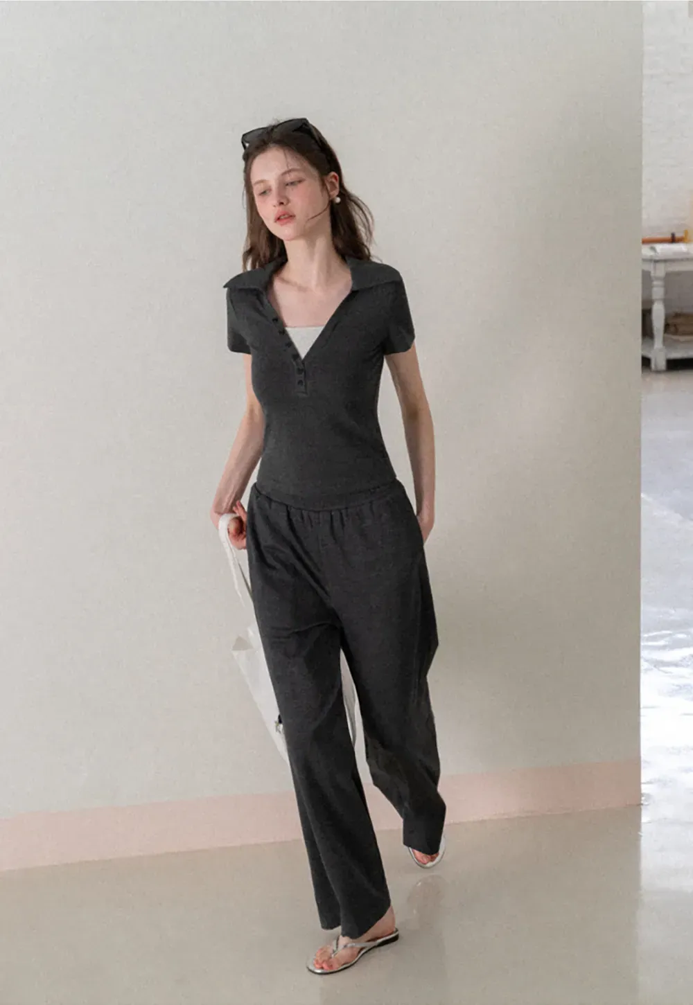 Polo shirt with buttons and wide leg casual pants