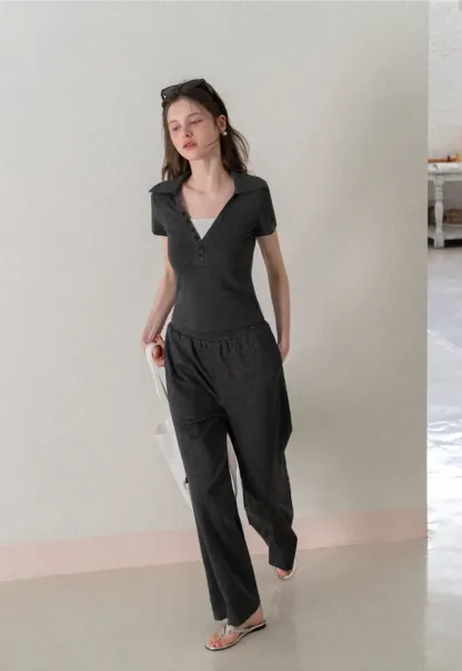 Polo shirt with buttons and wide leg casual pants