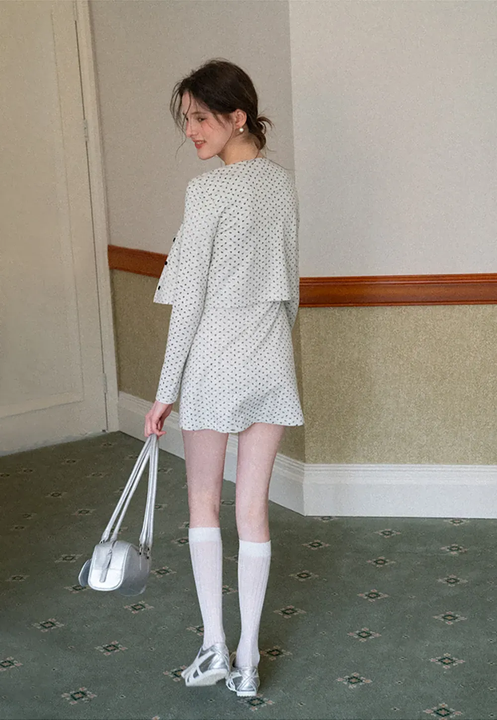 Polka dot dress with lace trim and matching cardigan