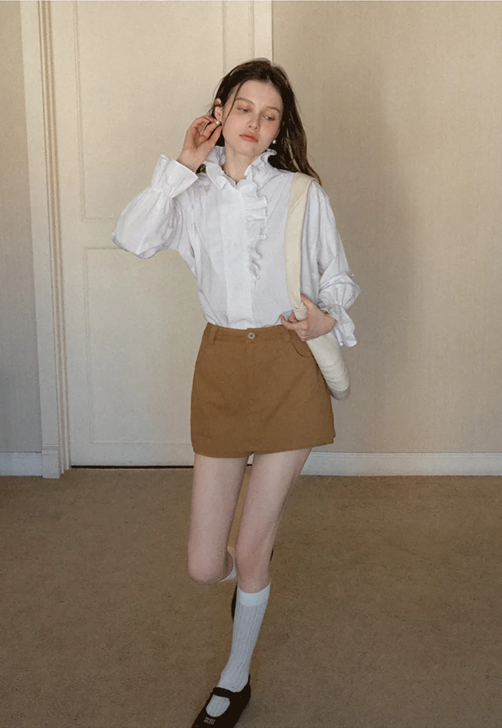 Elegant Ruffled Collar Blouse with Flared Cuffs