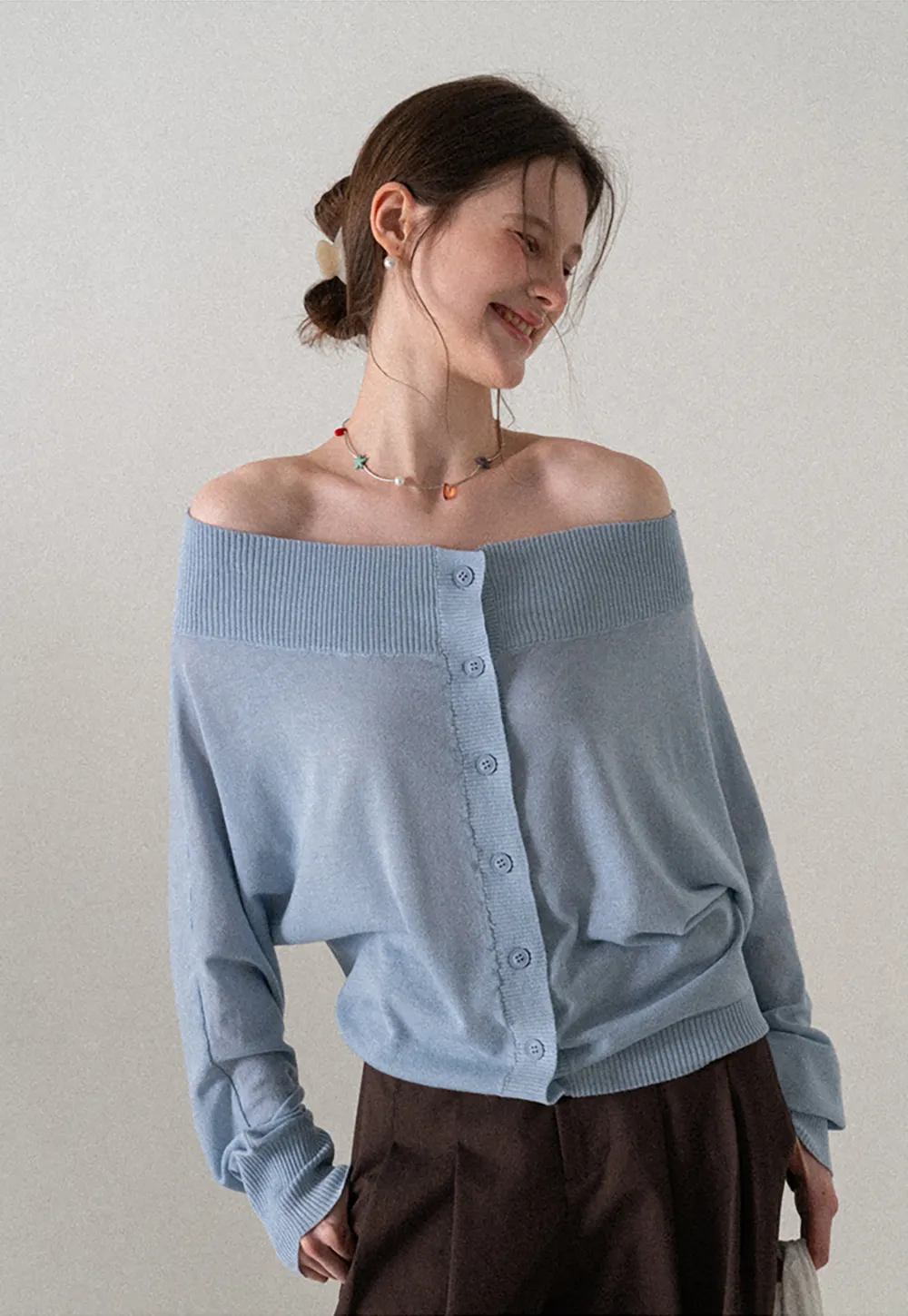 Off Shoulder Knit Cardigan with Button Front