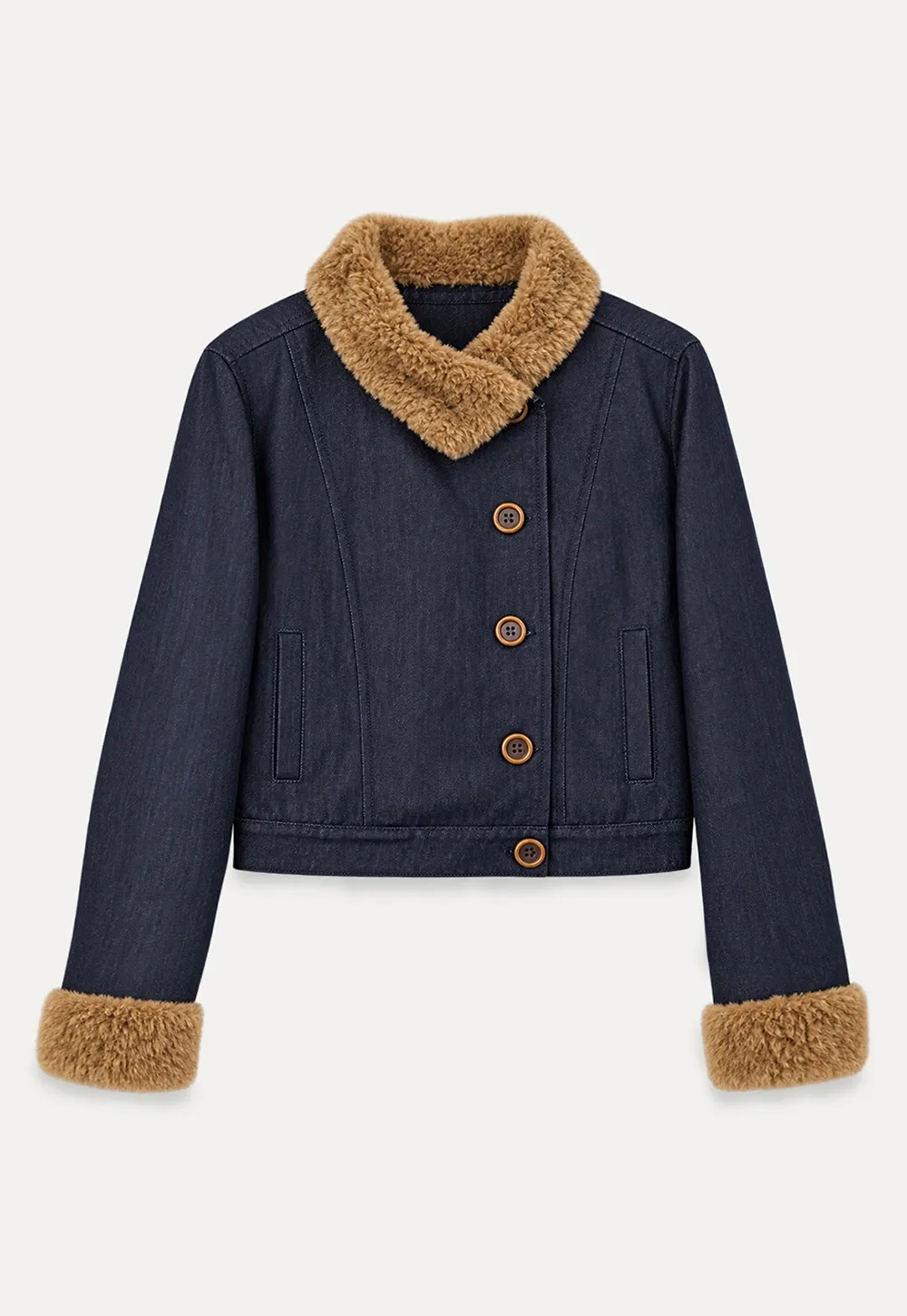 Faux Fur Trimmed Stand Collar Button Front Short Jacket