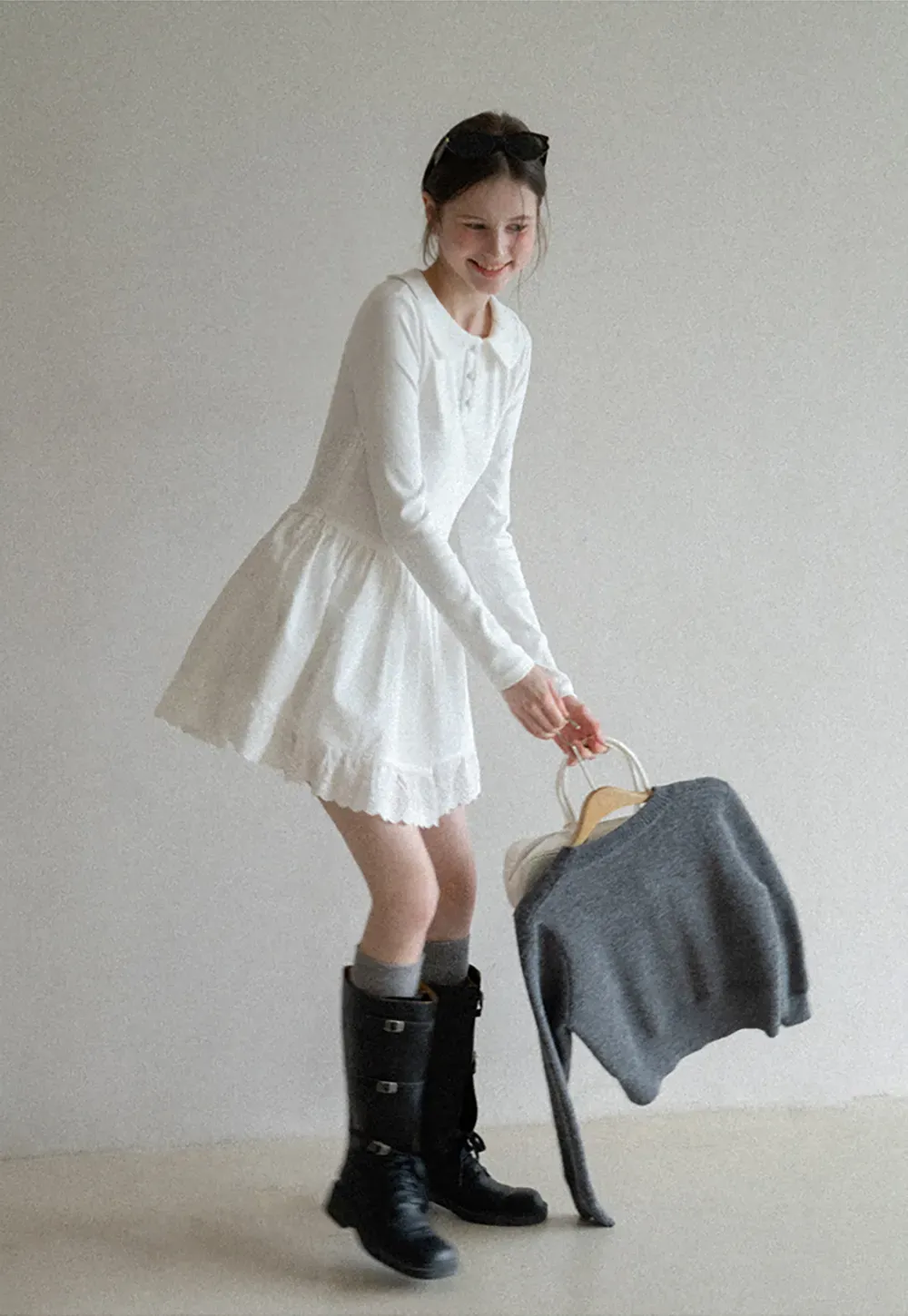 Elegant Long Sleeve Dress with Lace Trim and Flared Skirt