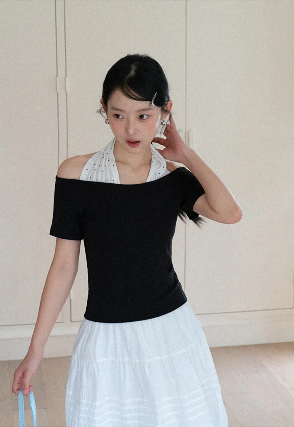 Off shoulder short sleeve top with halter neck detail