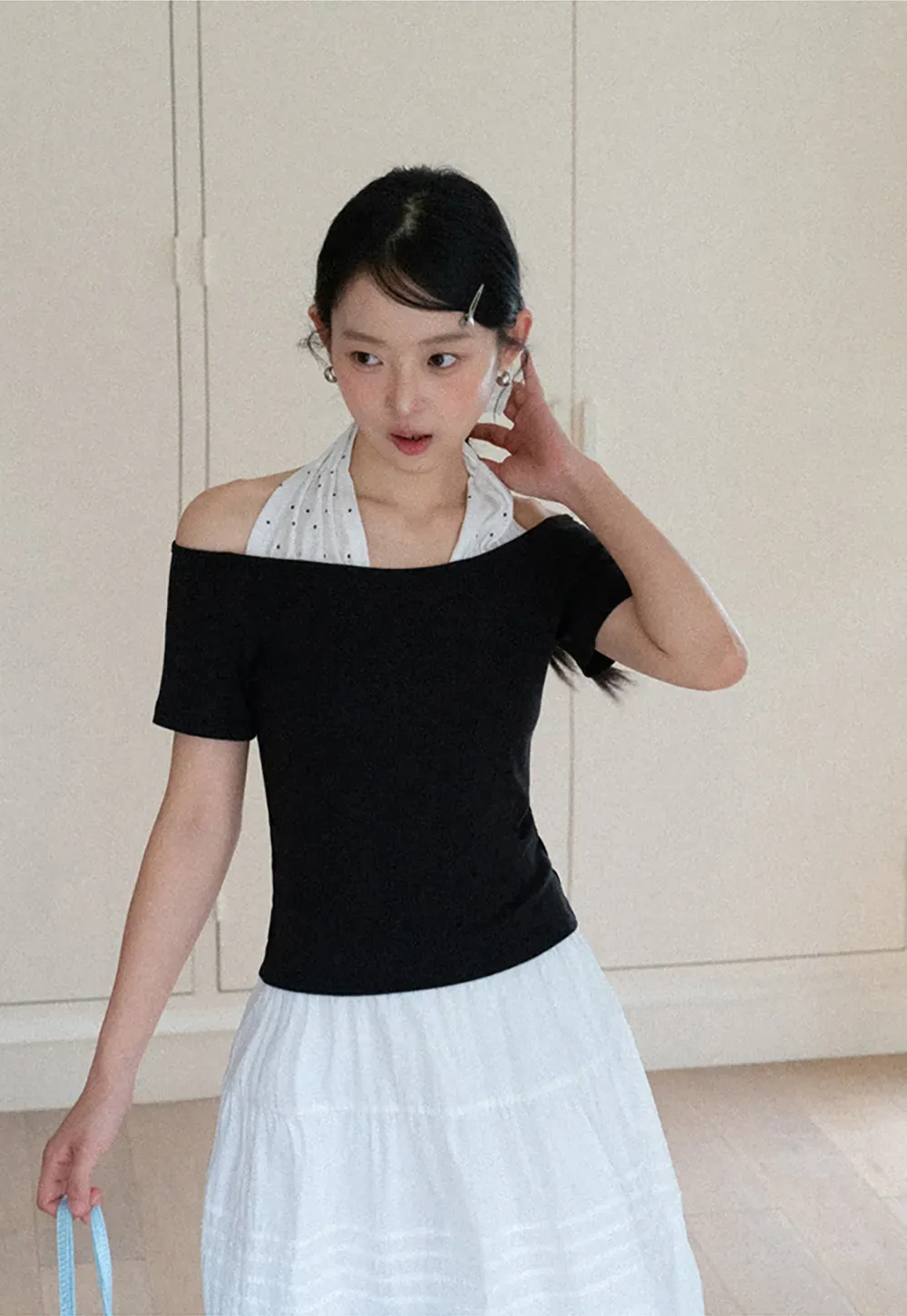 Off shoulder short sleeve top with halter neck detail