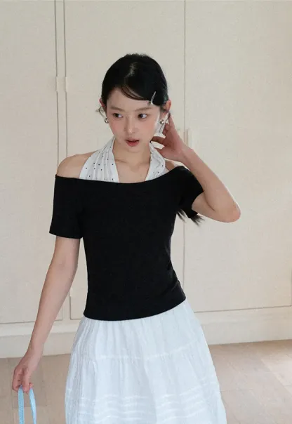 Off shoulder short sleeve top with halter neck detail