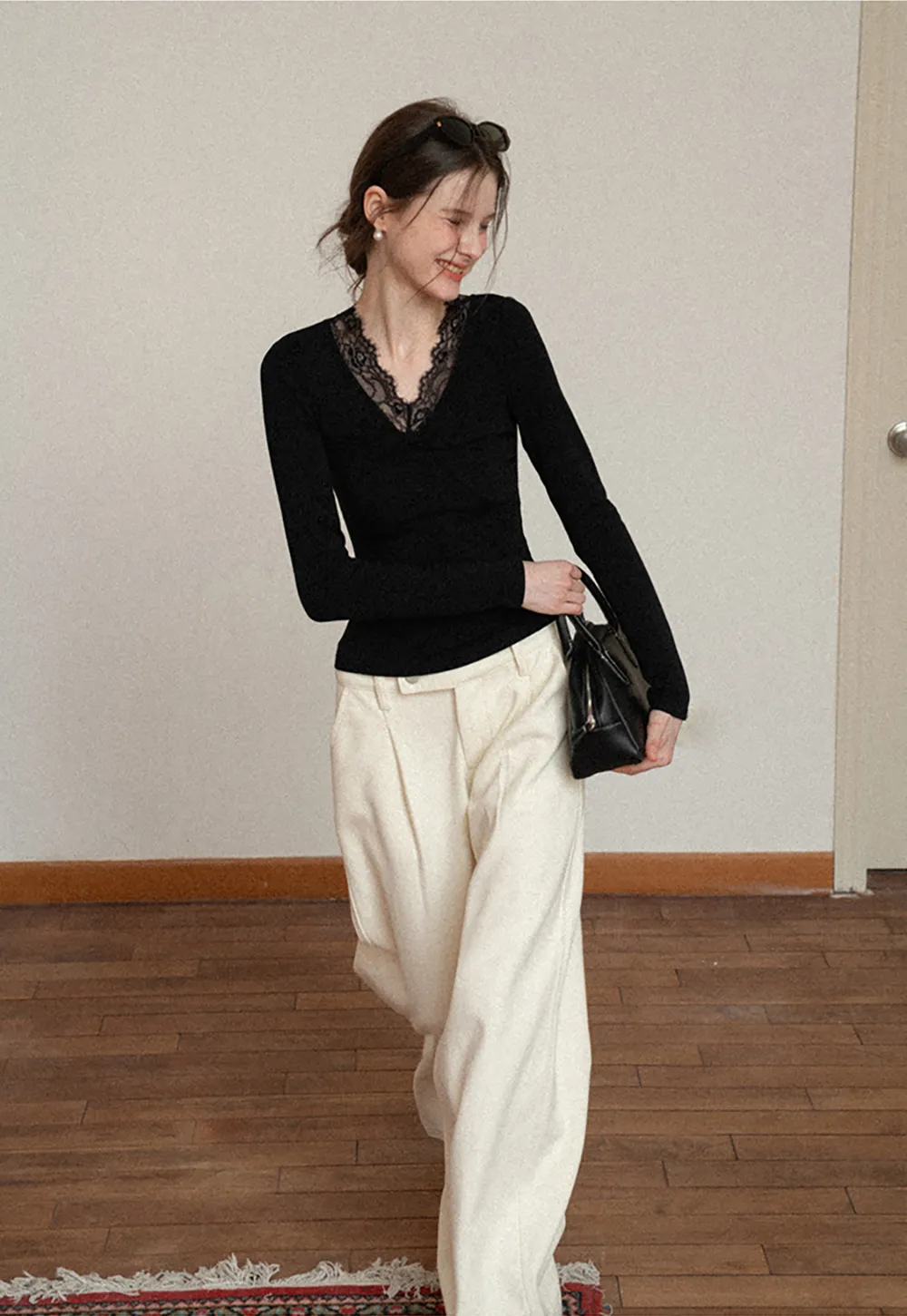 Elegant Black Lace-Trimmed Long Sleeve Top