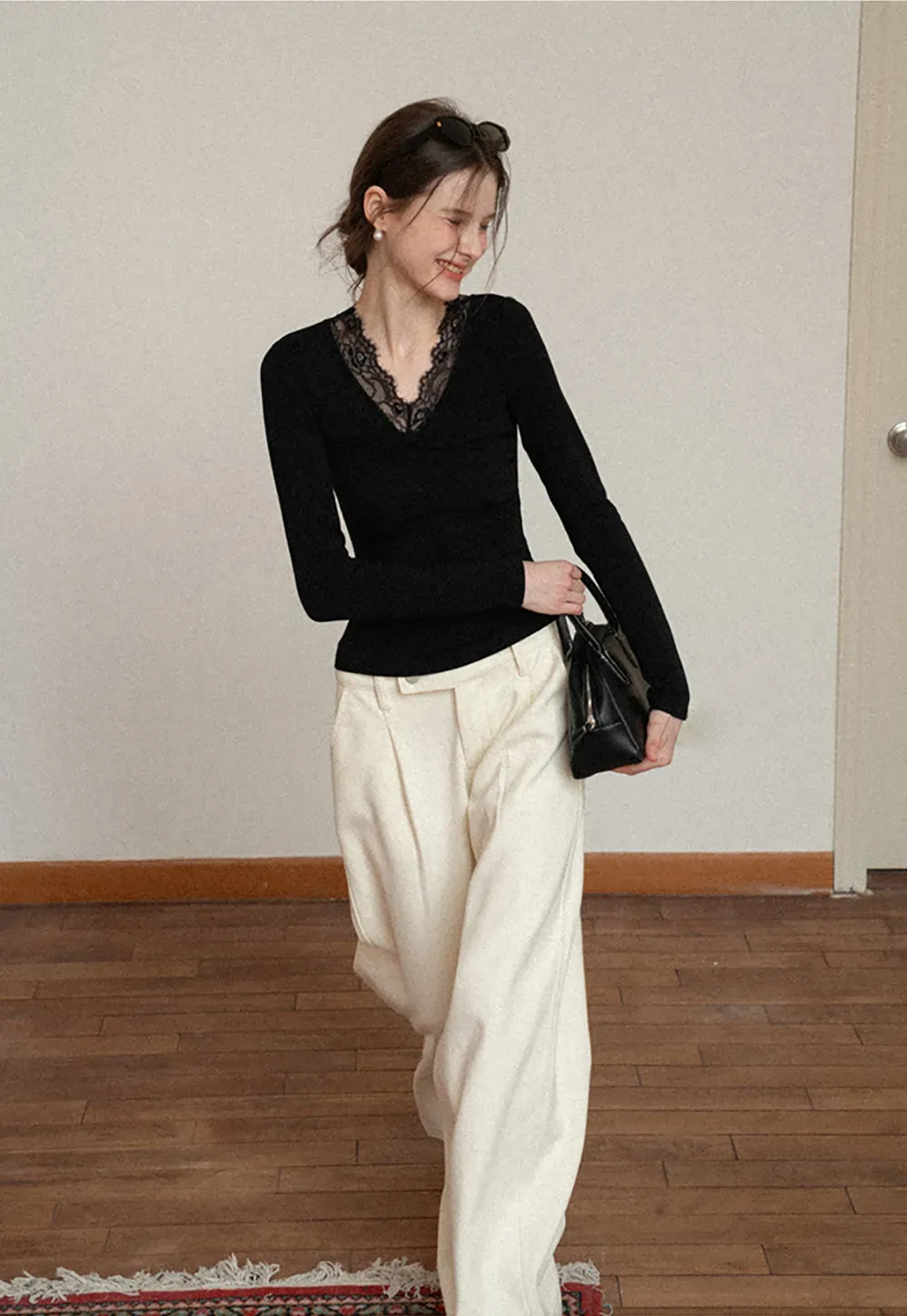 Elegant Black Lace-Trimmed Long Sleeve Top