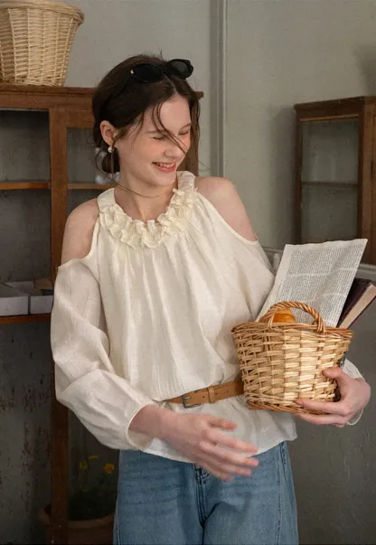 Lace Chiffon Blouse with Ruffled Neck and Cold Shoulder