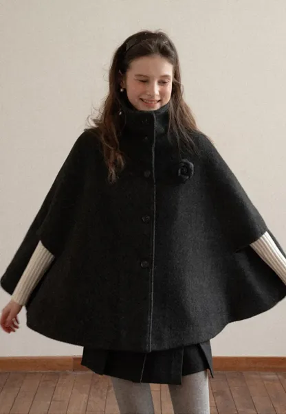 Wool Cape with High Neck Design