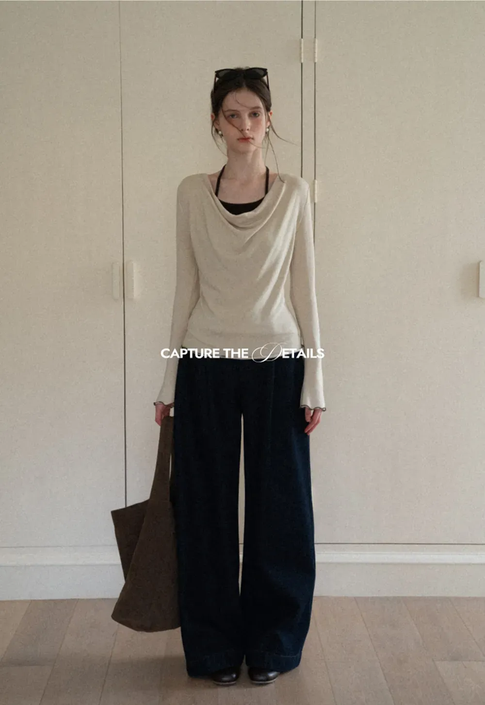 Beige Long-Sleeve Top with Ruffled Hem and Bow Tie Back