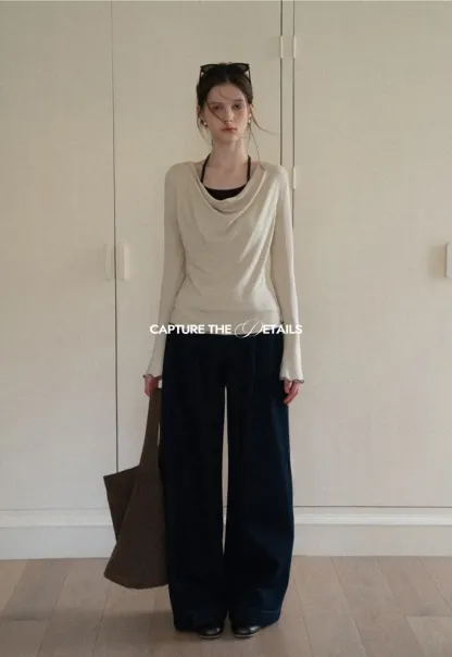 Beige Long-Sleeve Top with Ruffled Hem and Bow Tie Back