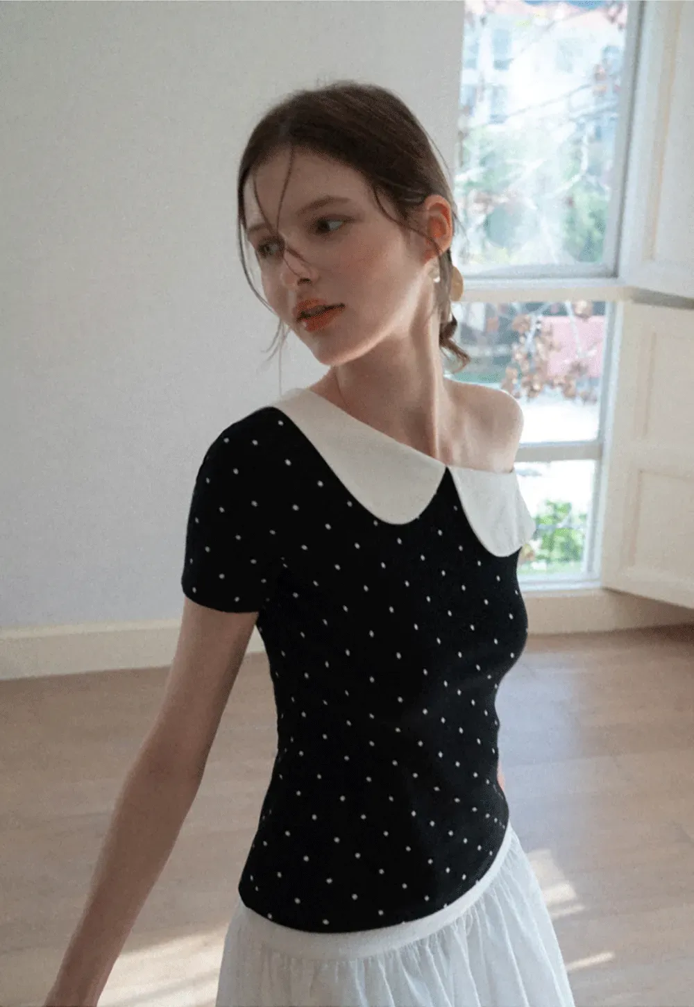 Polka dot short sleeve top with Peter Pan collar