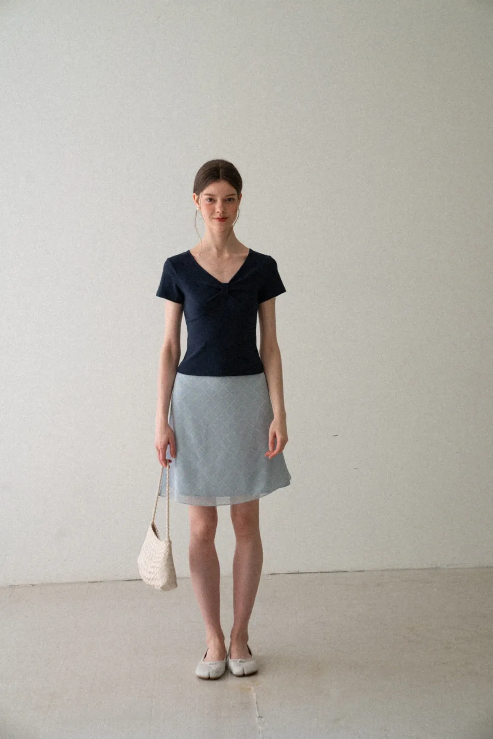 V neck short sleeve top with front knot detail