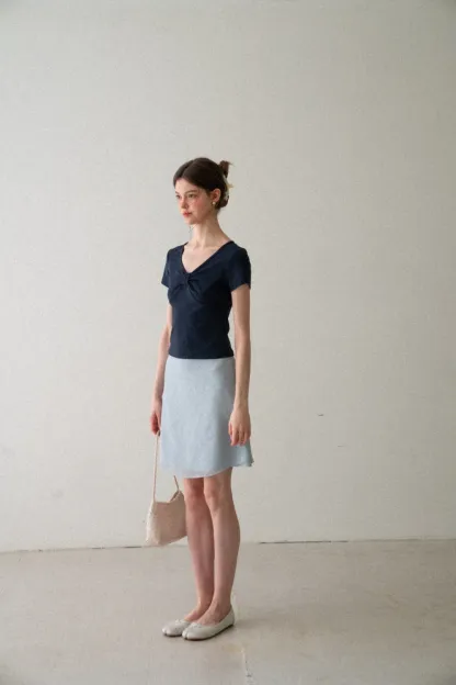 V neck short sleeve top with front knot detail