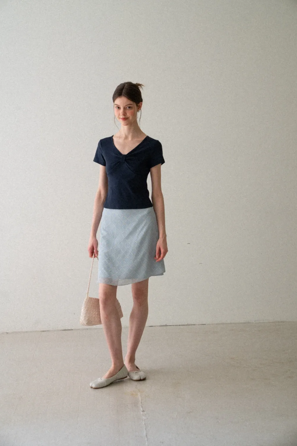 V neck short sleeve top with front knot detail