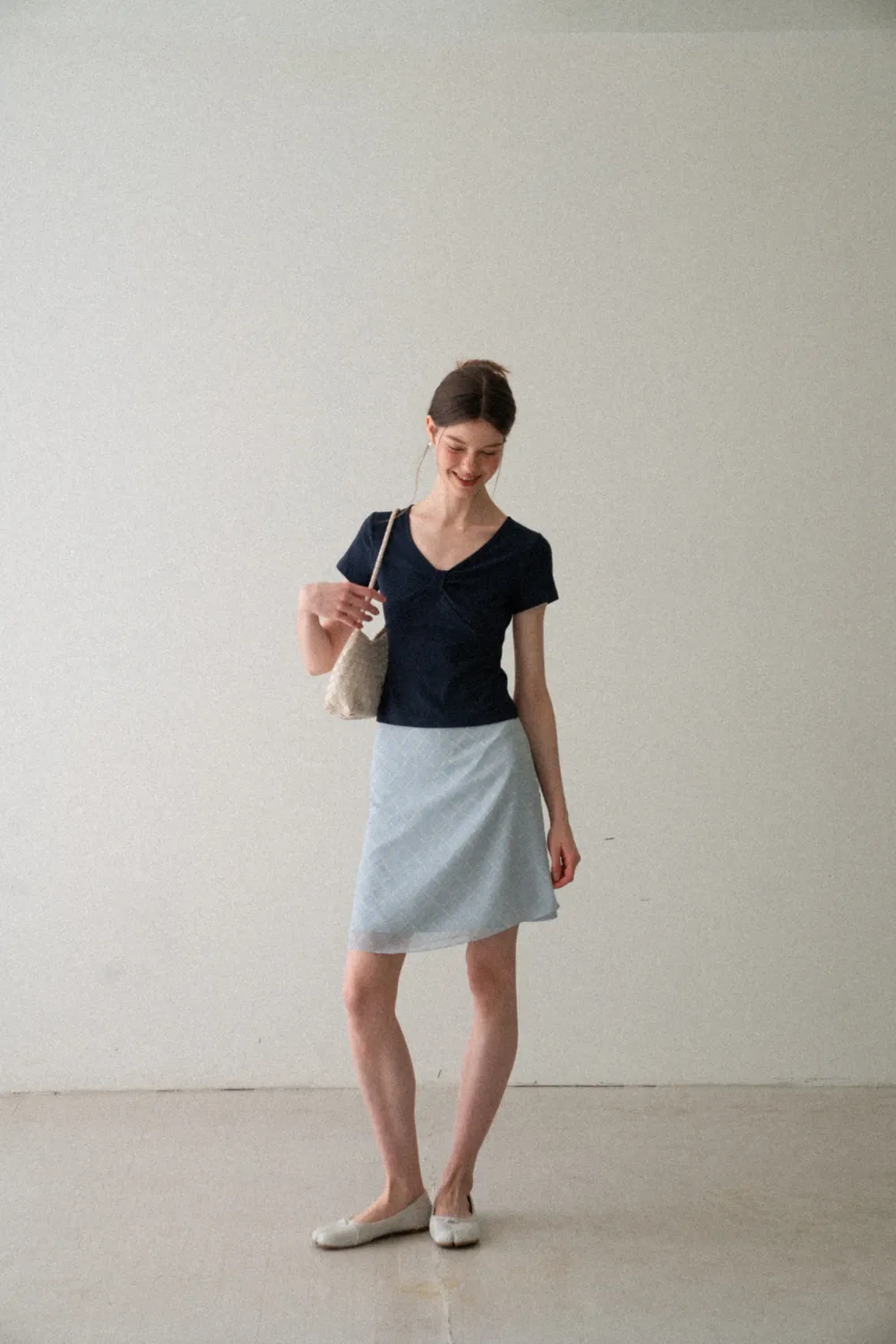 V neck short sleeve top with front knot detail