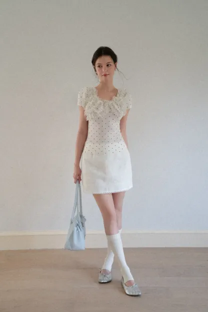 Ruffled Lace Trim Polka Dot Short Sleeve T Shirt