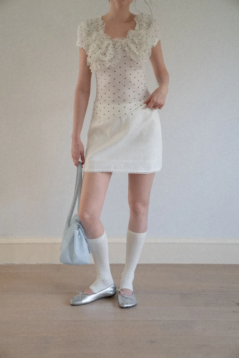Ruffled Lace Trim Polka Dot Short Sleeve T Shirt
