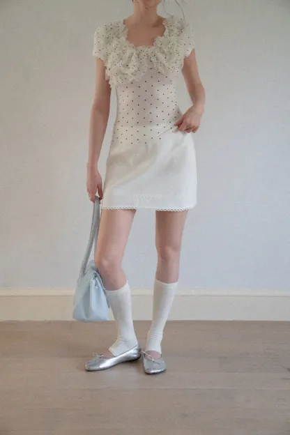 Ruffled Lace Trim Polka Dot Short Sleeve T Shirt