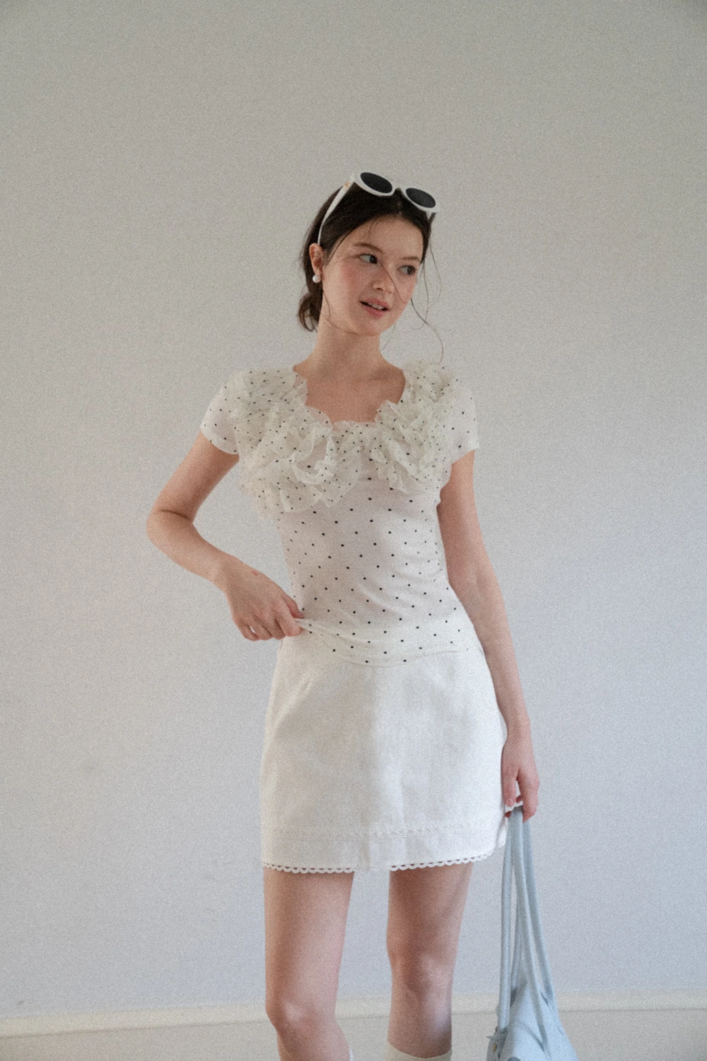Ruffled Lace Trim Polka Dot Short Sleeve T Shirt