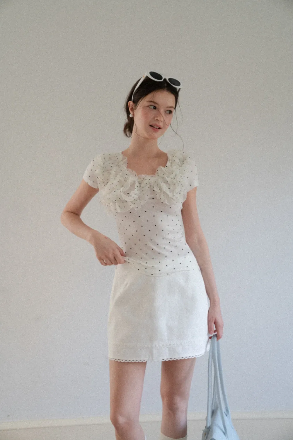 Ruffled Lace Trim Polka Dot Short Sleeve T Shirt