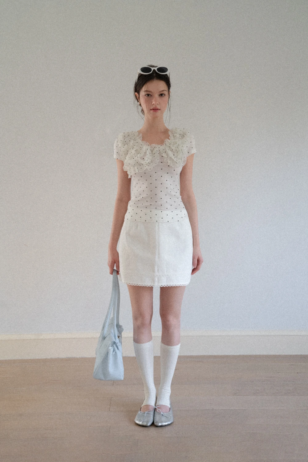Ruffled Lace Trim Polka Dot Short Sleeve T Shirt