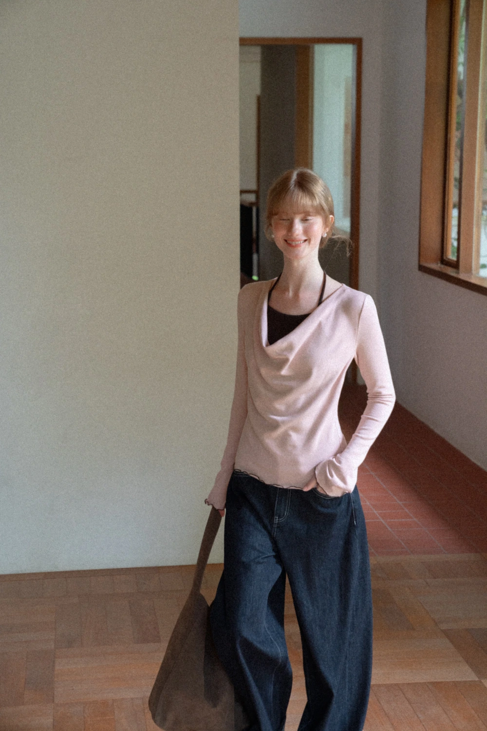 Beige Long-Sleeve Top with Ruffled Hem and Bow Tie Back