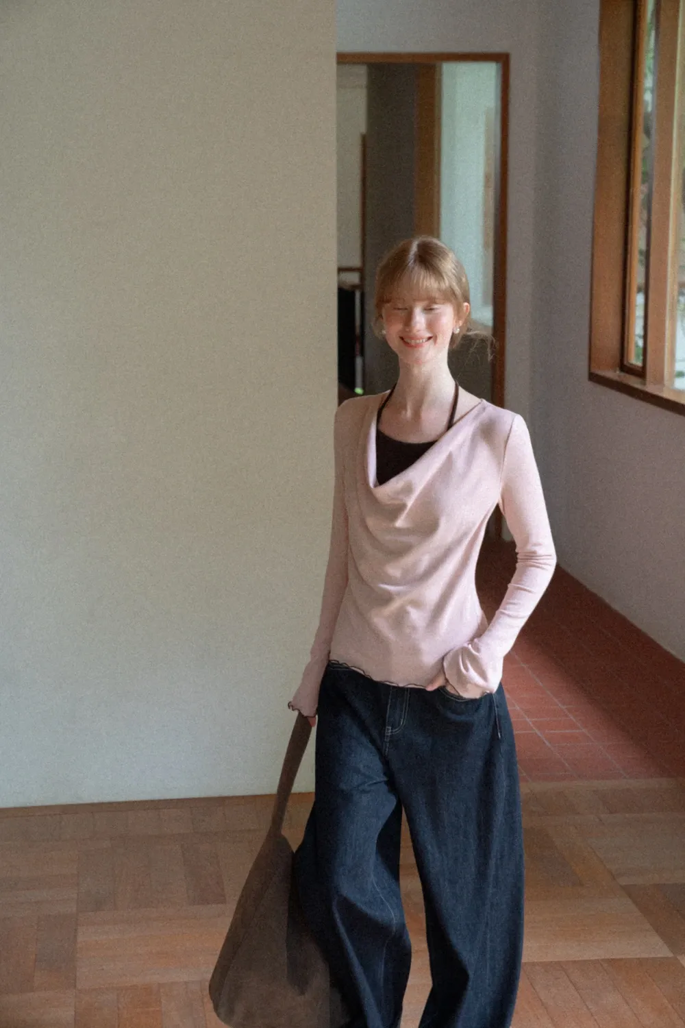 Beige Long-Sleeve Top with Ruffled Hem and Bow Tie Back