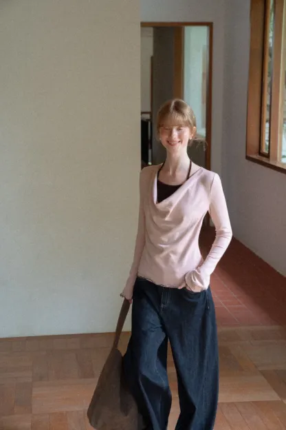 Beige Long-Sleeve Top with Ruffled Hem and Bow Tie Back