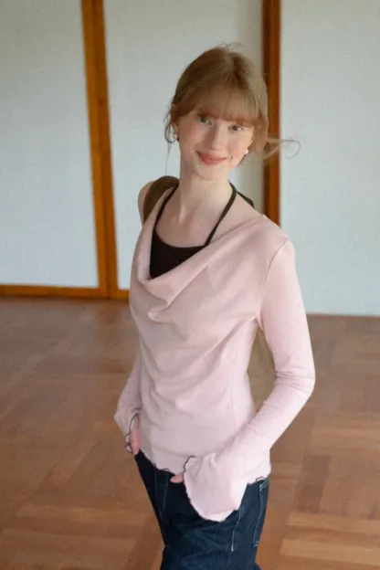 Beige Long-Sleeve Top with Ruffled Hem and Bow Tie Back